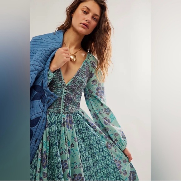 NWOT Free People “A New Way” Teal Bluish Purple Floral Long Sleeve Maxi Dress S - Picture 4 of 14